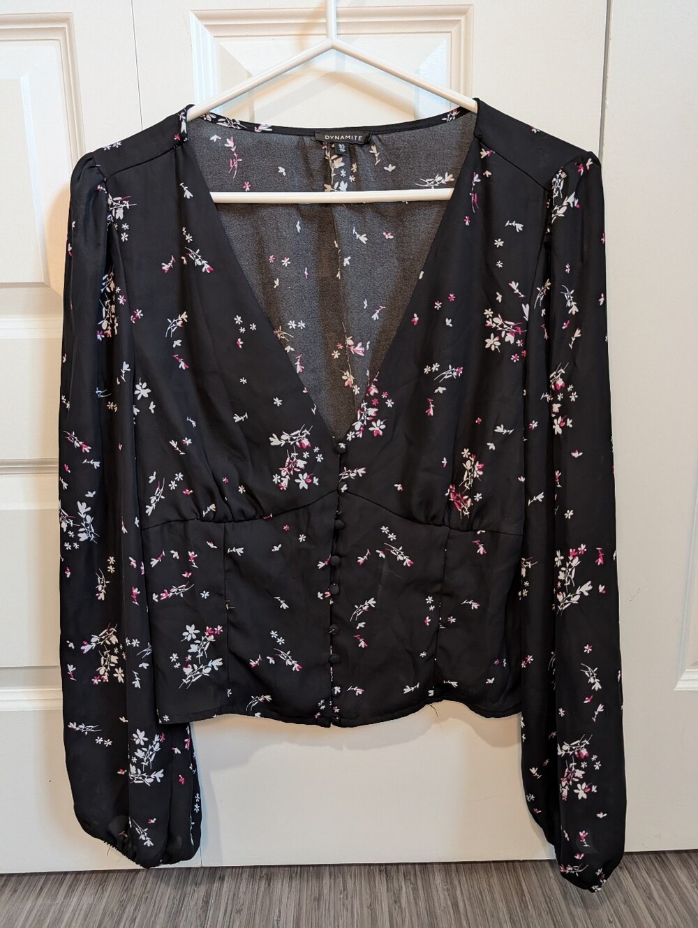 Dynamite Black Floral Button-Up Jacket with Pink & White Accents